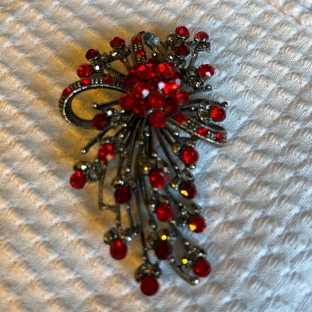 Vintage red rhinestone floral silver tone and filigree banded brooch.